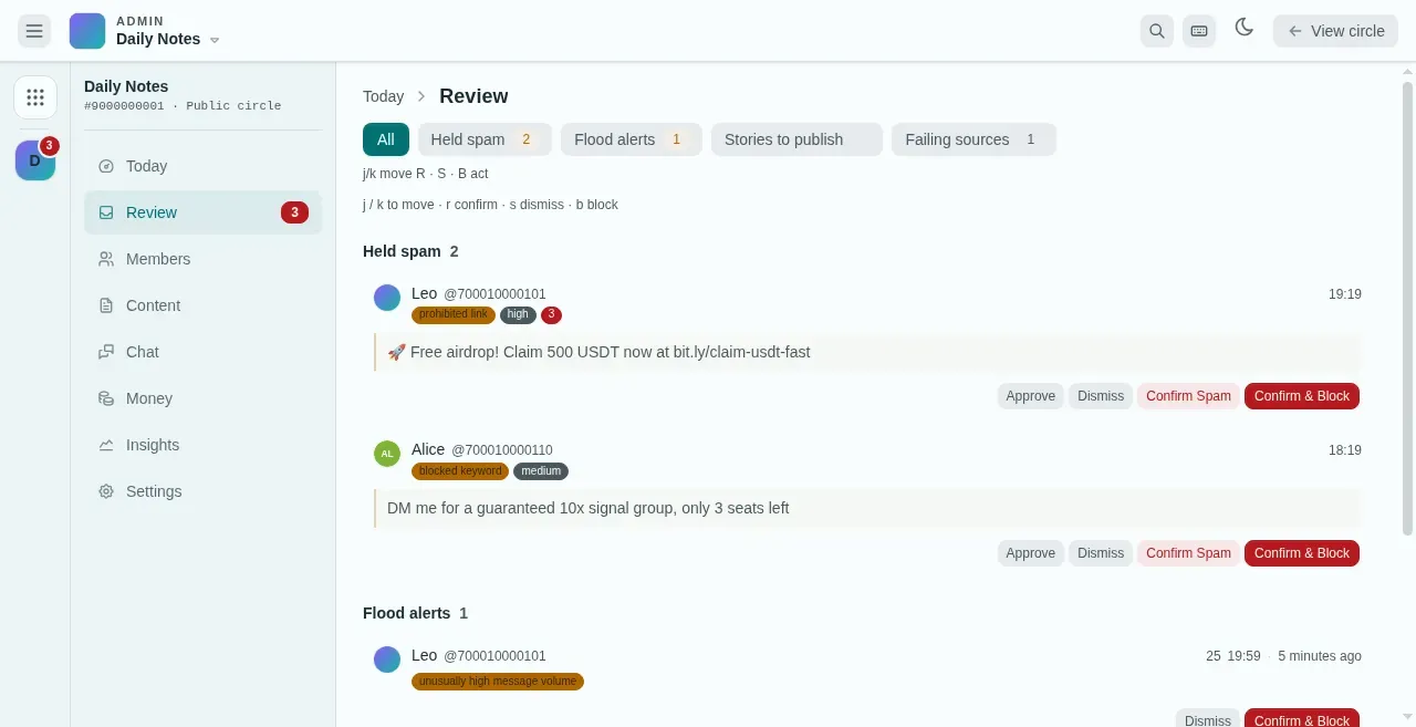 The console Review queue with held spam and a flood alert