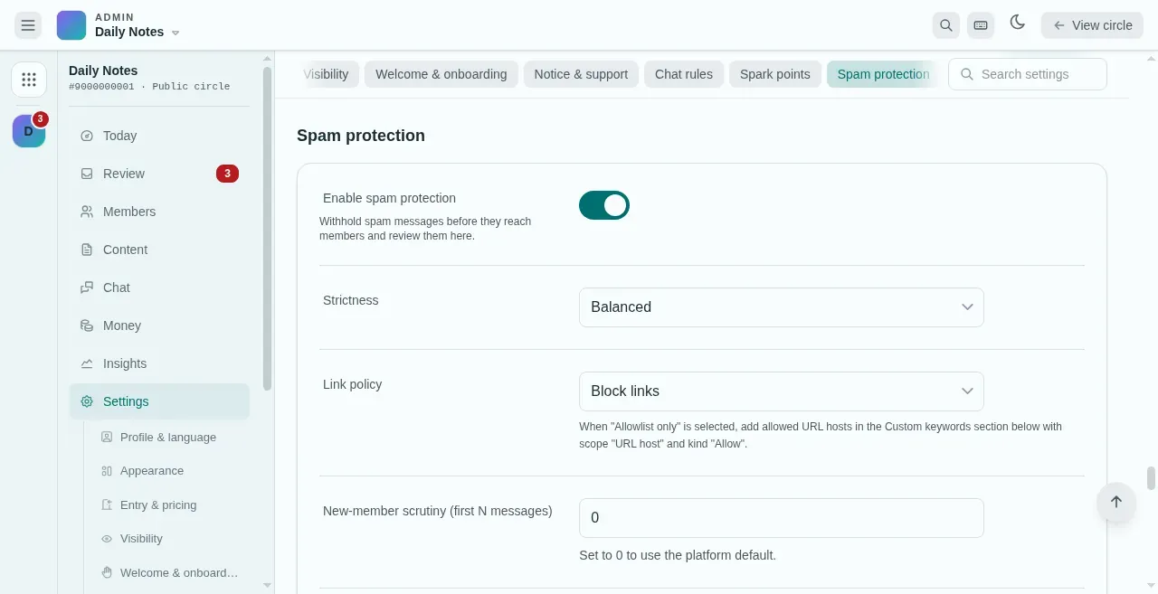 The Spam protection section of console Settings