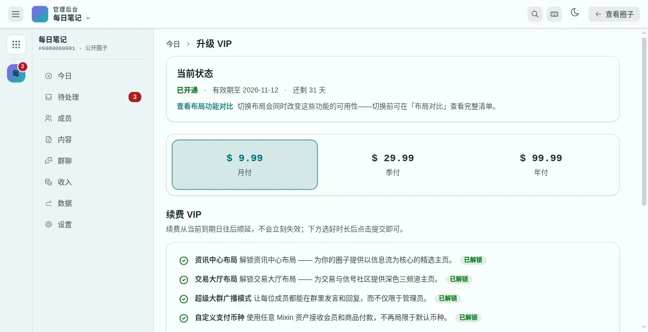 已开通 VIP 的圈子的「升级 VIP」页