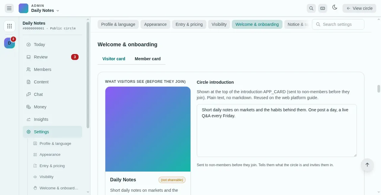 The Welcome & onboarding section of console Settings